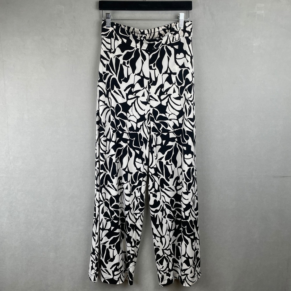 Three Dots Black White Abstract Leaf Print Wide Leg Pull On Pants S Office Bold - Picture 1 of 11